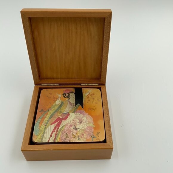 Set of 6 Vintage Japanese Geisha Coasters with Cork Back in Wooden Box - Picture 3 of 13